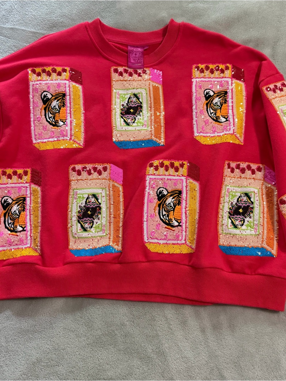 QUEEN OF SPARKLES Red Sequin Tiger match box Sweatshirt